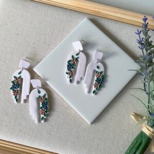 Classic peach & blue florals on white dangling ear studs