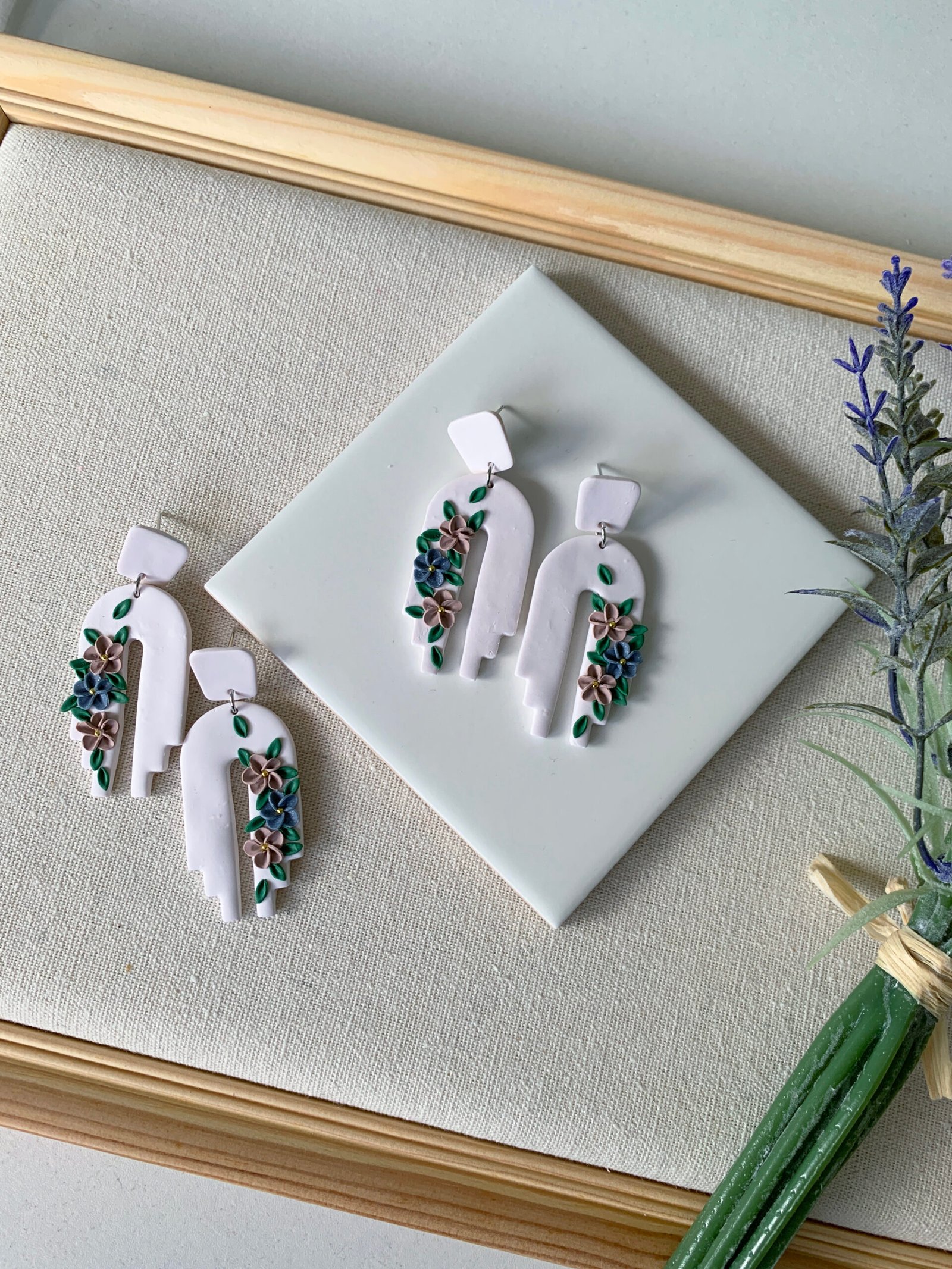 Classic peach & blue florals on white dangling ear studs